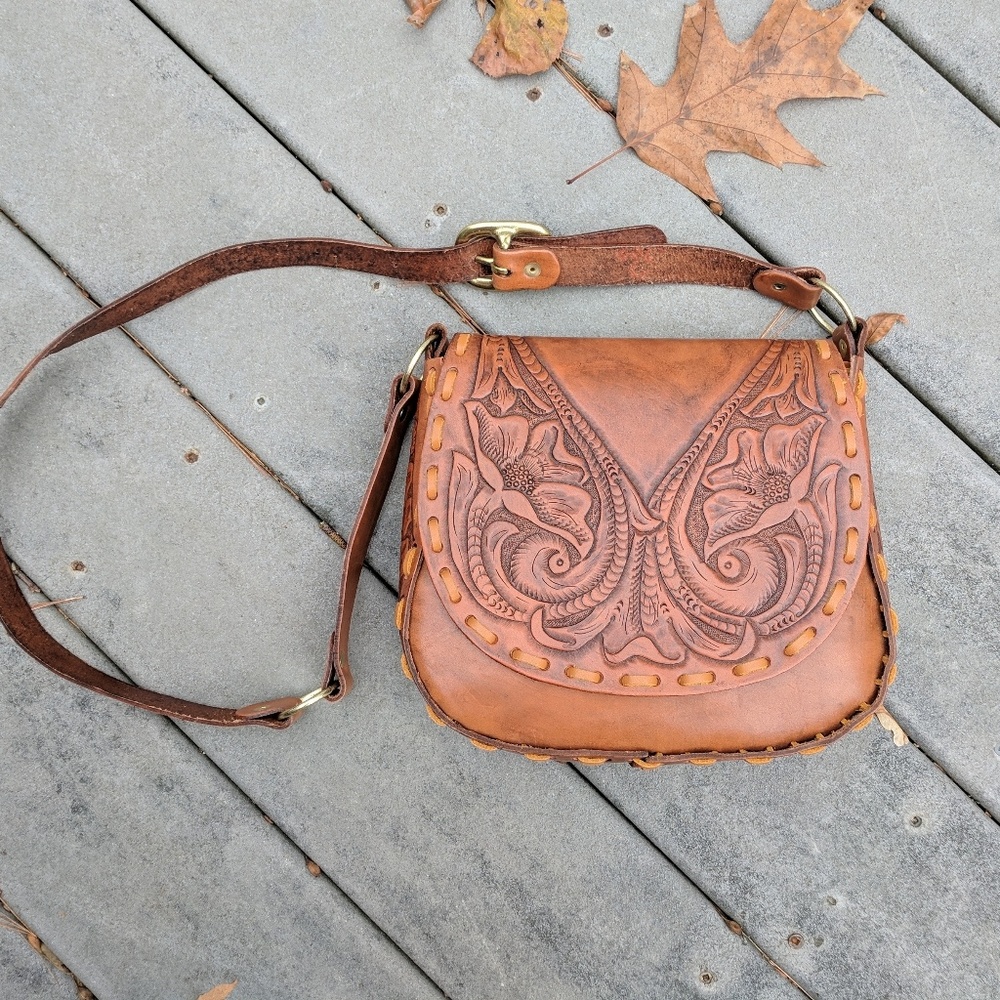 REAL Leather Hand-Tooled Satchel Purse- NO WEAR!